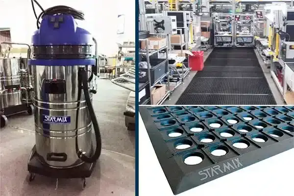 Tapetes ergonômicos NR-17 e aspiradores industriais STARMIX em linha de montagem na fábrica.